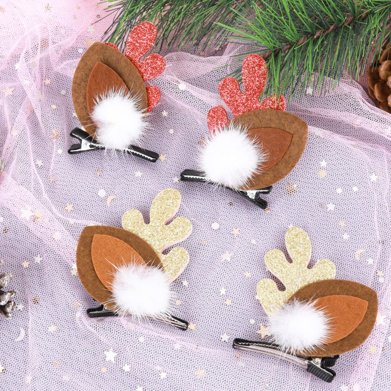 WLLHYF 4PCS Christmas Hair Clip, Cute Xmas Reindeer Antler Hairpin Girl Women Hair Clips Xmas Hair Barrettes with Pom Balls Deer Ear Hair Accessories Festive Party Cosplay Gifts - Image 3